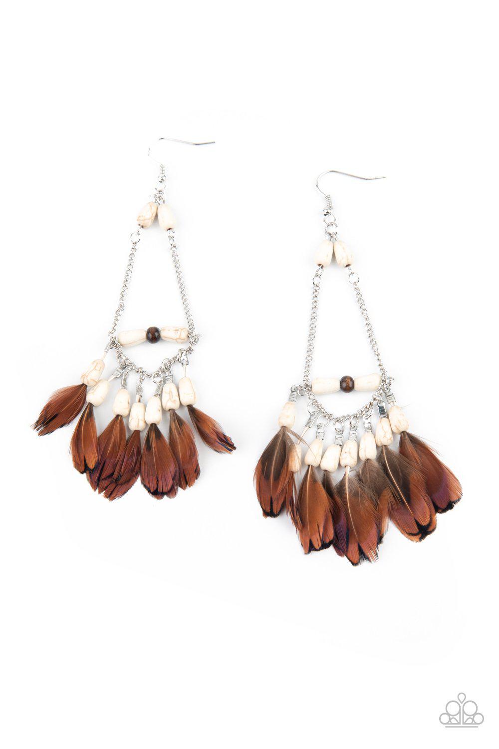 Haute Hawk White Stone and Brown Feather Earrings - Paparazzi Accessories- on model - CarasShop.com - Paparazzi Jewelry by Cara Jewels