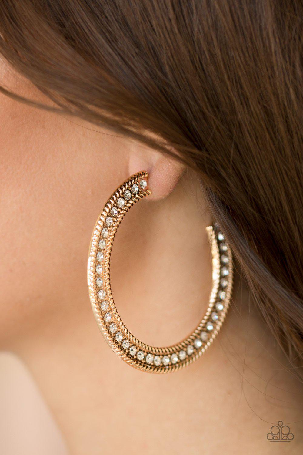 Haute Mama Gold and White Rhinestone Hoop Earrings - Paparazzi Accessories- lightbox - CarasShop.com - Paparazzi Jewelry by Cara Jewels