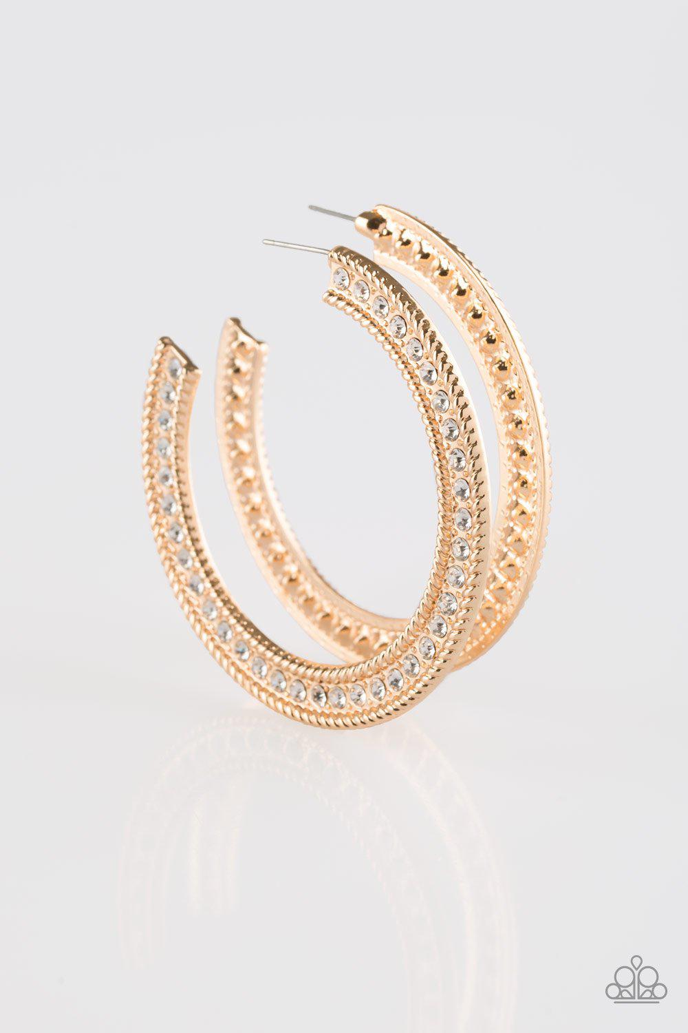 Haute Mama Gold and White Rhinestone Hoop Earrings - Paparazzi Accessories- on model - CarasShop.com - Paparazzi Jewelry by Cara Jewels