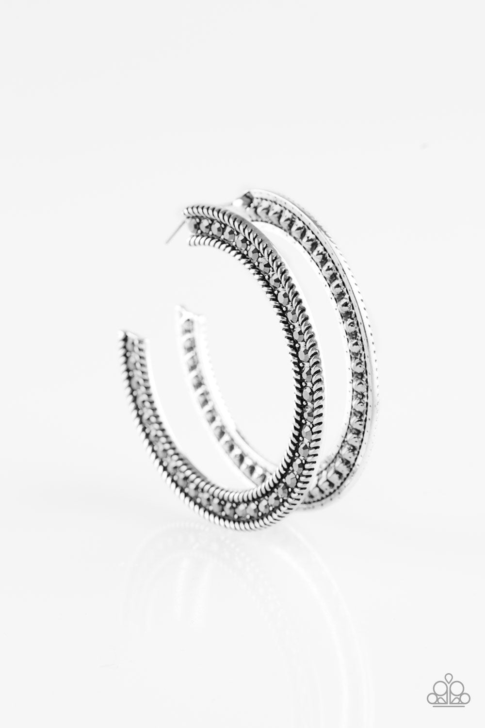 HAUTE Mama Silver and Hematite Rhinestone Hoop Earrings - Paparazzi Accessories- lightbox - CarasShop.com - Paparazzi Jewelry by Cara Jewels