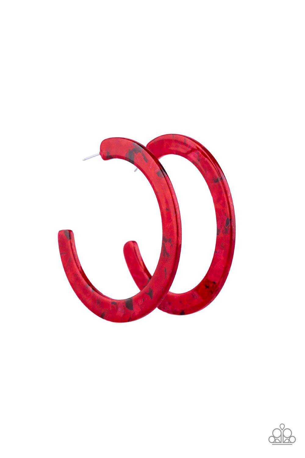 Haute Tamale Red Acrylic Hoop Earrings - Paparazzi Accessories- on model - CarasShop.com - Paparazzi Jewelry by Cara Jewels