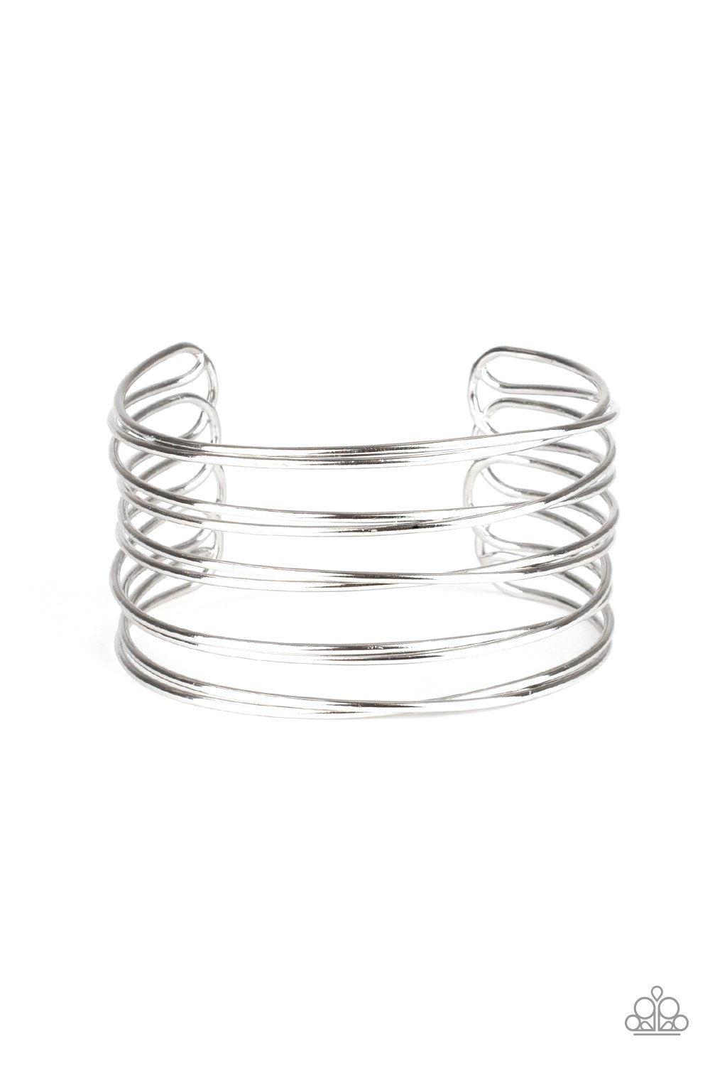 HAUTE Wired Silver Cuff Bracelet - Paparazzi Accessories- on model - CarasShop.com - Paparazzi Jewelry by Cara Jewels