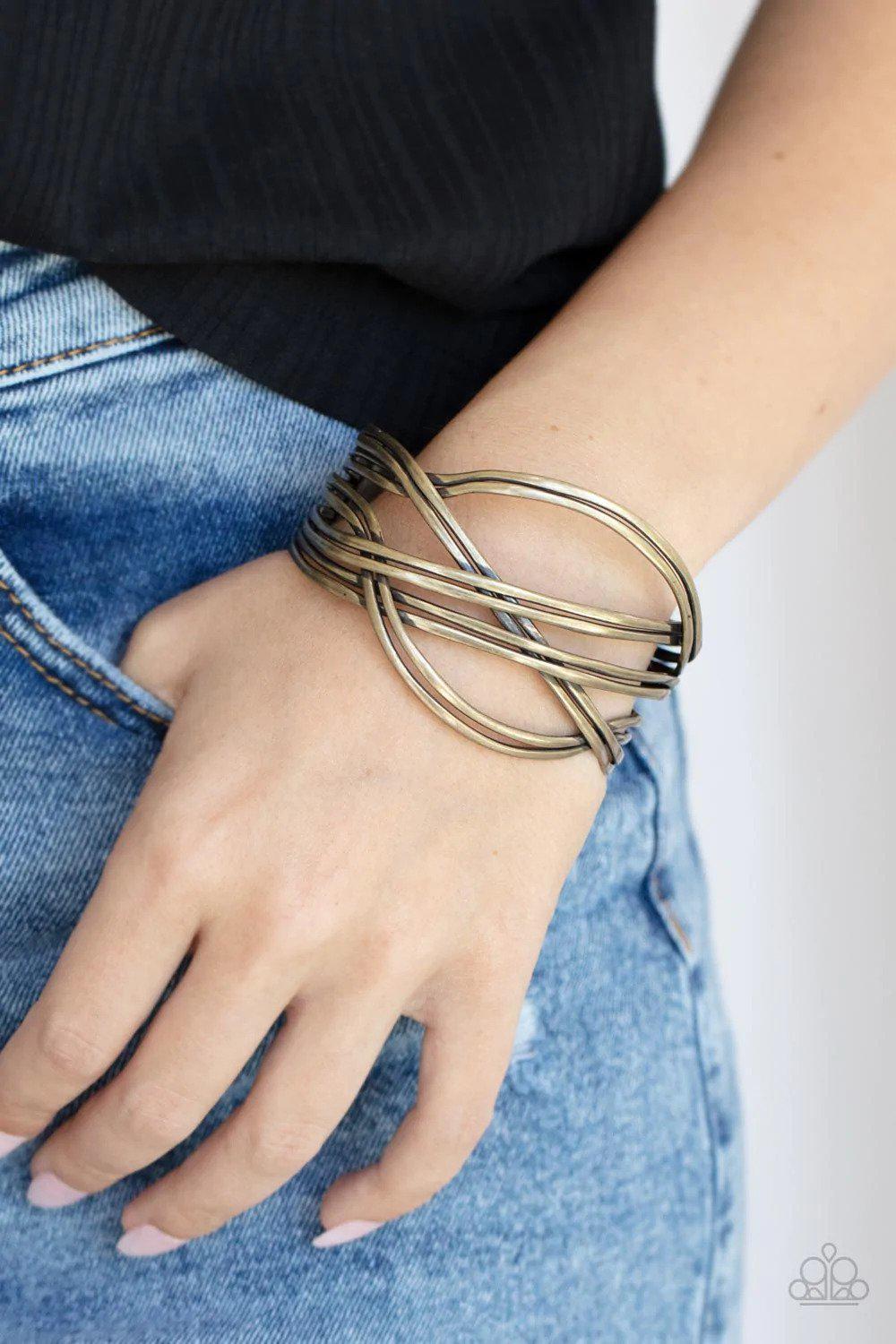Hautely Hammered Brass Cuff Bracelet - Paparazzi Accessories- on model - CarasShop.com - Paparazzi Jewelry by Cara Jewels