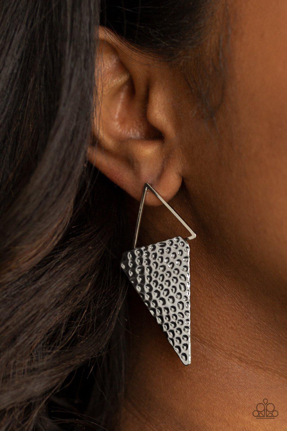 Have A Bite Silver Post Earrings - Paparazzi Accessories- on model - CarasShop.com - Paparazzi Jewelry by Cara Jewels