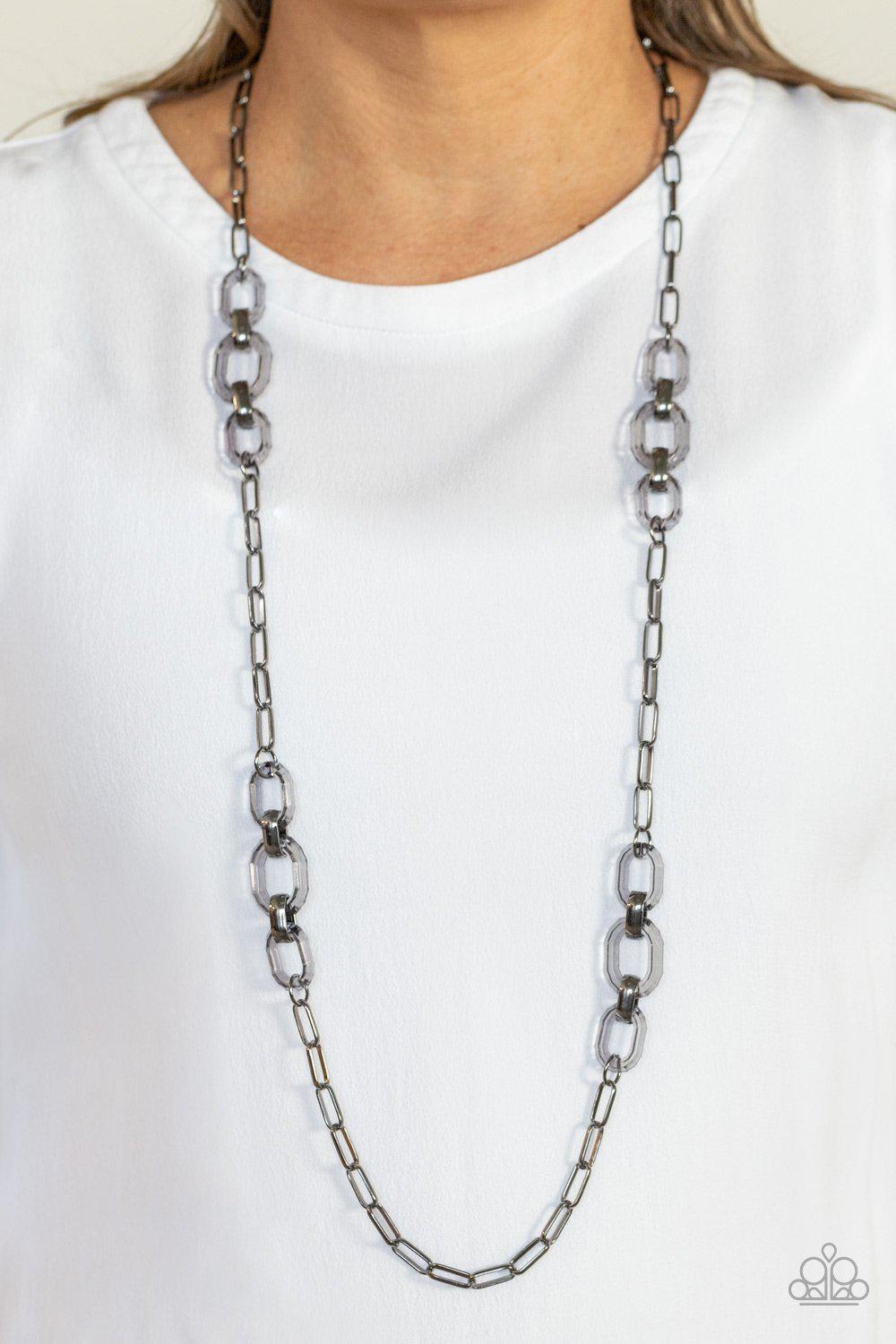 Have I Made Myself Clear? Gunmetal Black and Acrylic Necklace - Paparazzi Accessories- on model - CarasShop.com - Paparazzi Jewelry by Cara Jewels