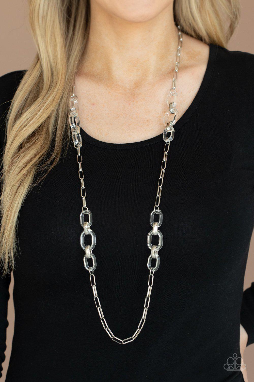 Have I Made Myself Clear? White Acrylic and Silver Necklace - Paparazzi Accessories- on model - CarasShop.com - Paparazzi Jewelry by Cara Jewels