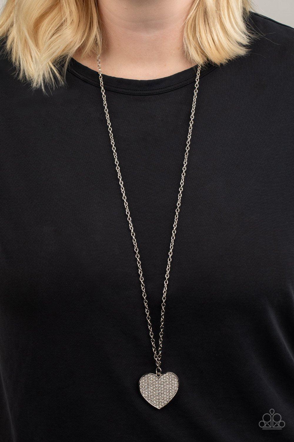 Have To Learn The HEART Way White Rhinestone Heart Necklace - Paparazzi Accessories- on model - CarasShop.com - Paparazzi Jewelry by Cara Jewels