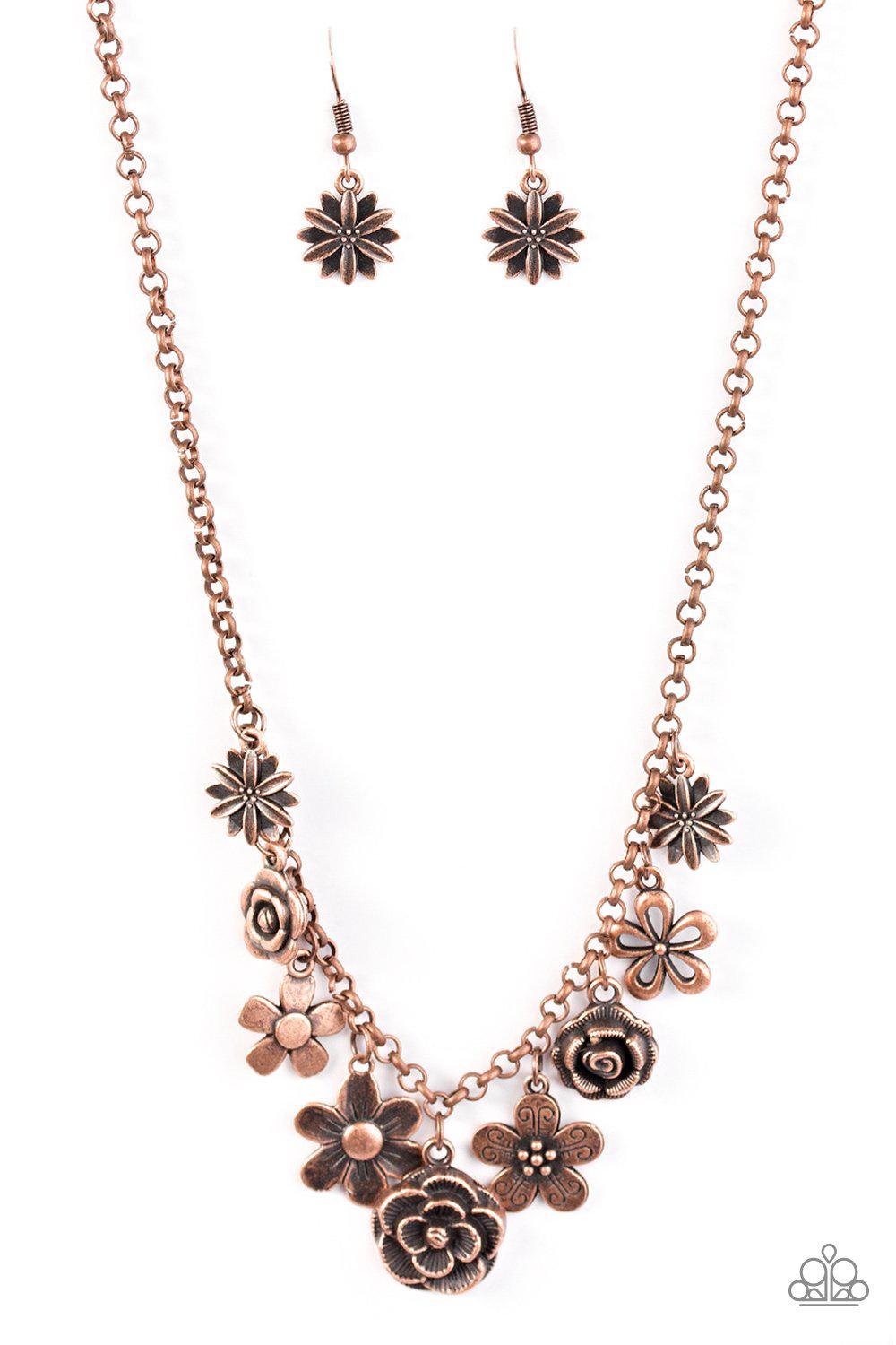 Head Over Roses Copper Flower Necklace - Paparazzi Accessories - free matching earrings -CarasShop.com - Paparazzi Jewelry by Cara Jewels