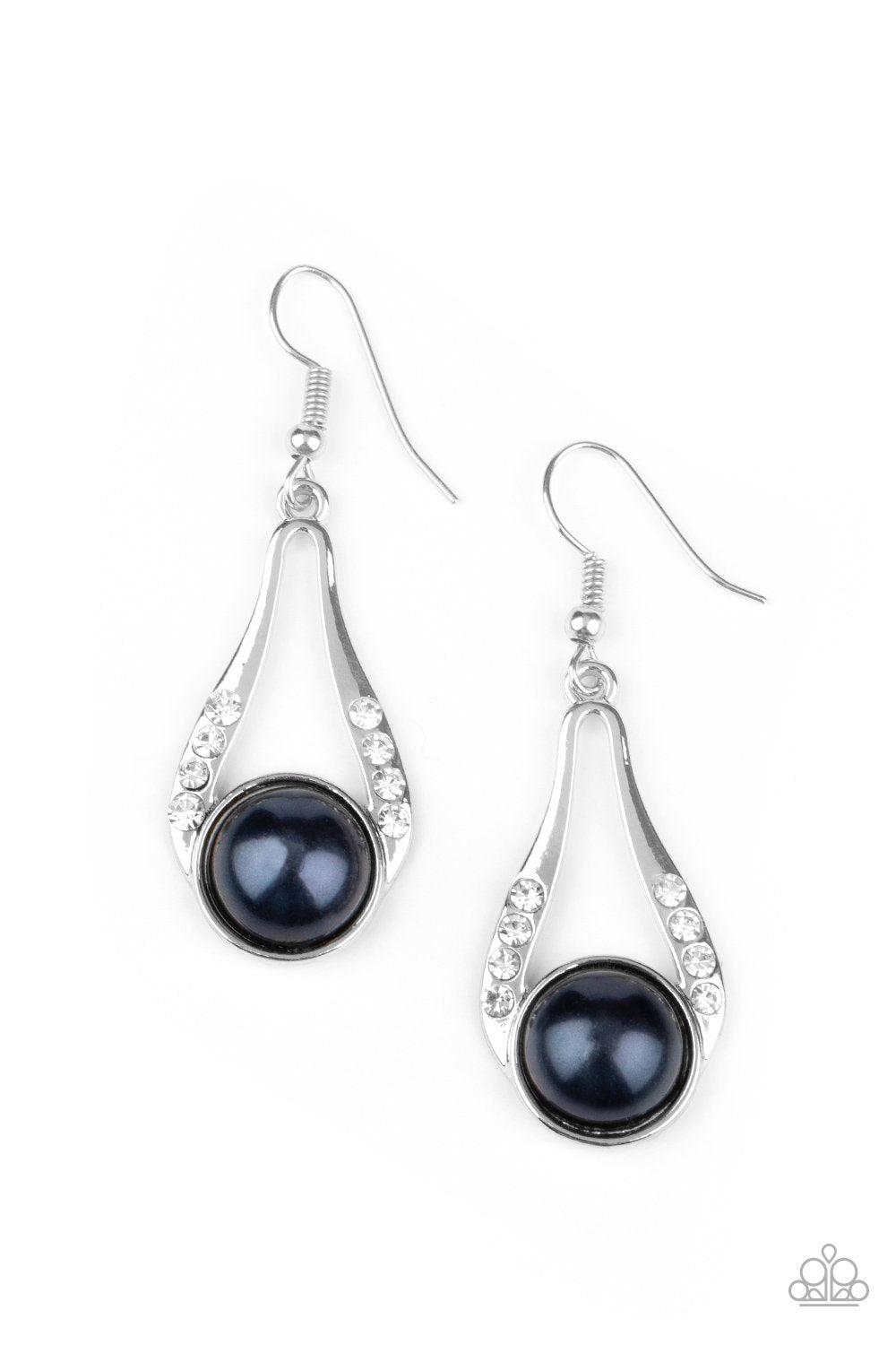HEADLINER Over Heels Blue Pearl Earrings - Paparazzi Accessories- on model - CarasShop.com - Paparazzi Jewelry by Cara Jewels
