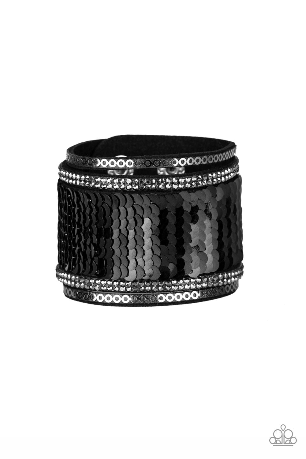 Heads or MERMAID Tails Black and Silver Sequin Reversible Urban Wrap Snap Bracelet - Paparazzi Accessories- lightbox - CarasShop.com - Paparazzi Jewelry by Cara Jewels