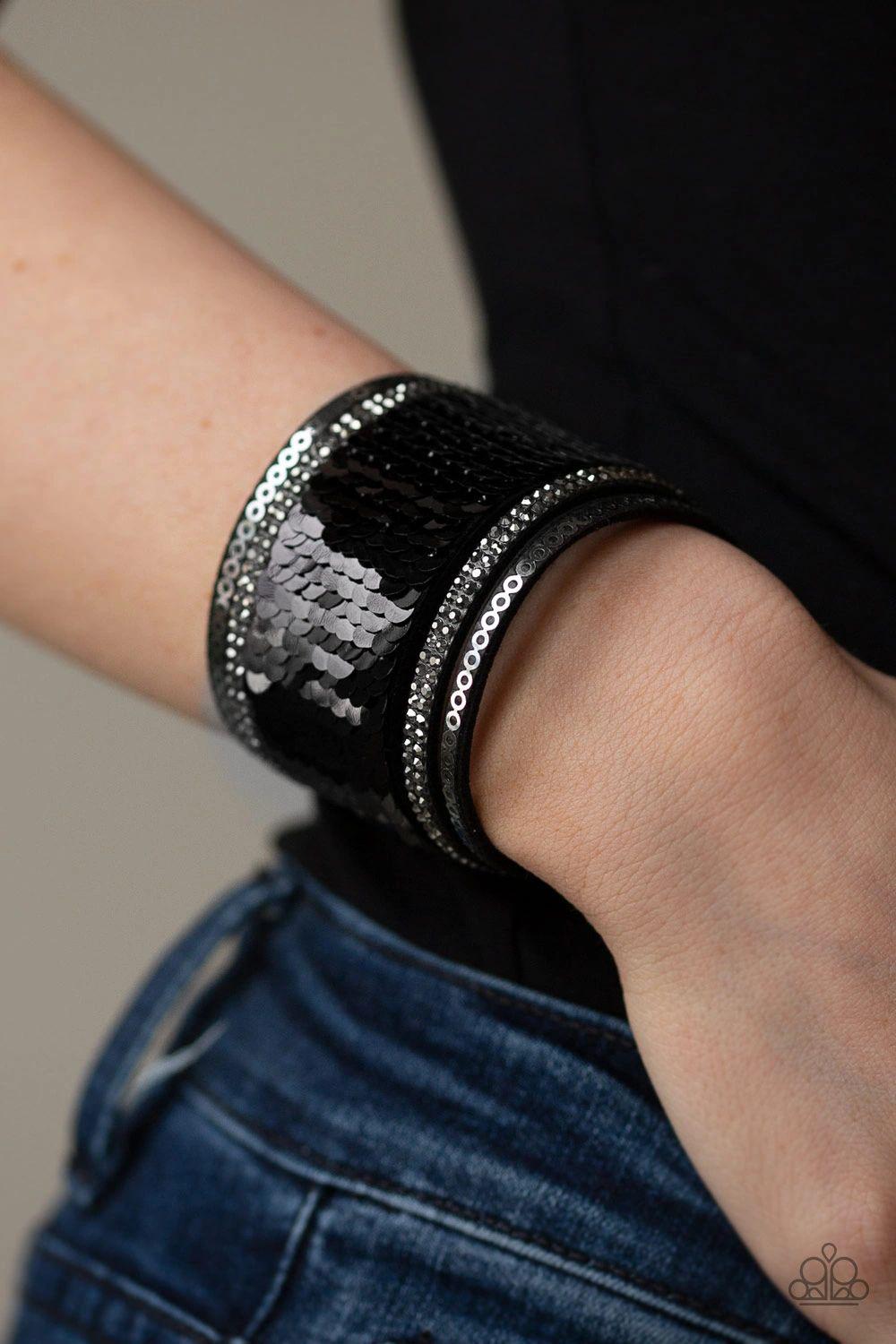 Heads or MERMAID Tails Black and Silver Sequin Reversible Urban Wrap Snap Bracelet - Paparazzi Accessories- lightbox - CarasShop.com - Paparazzi Jewelry by Cara Jewels