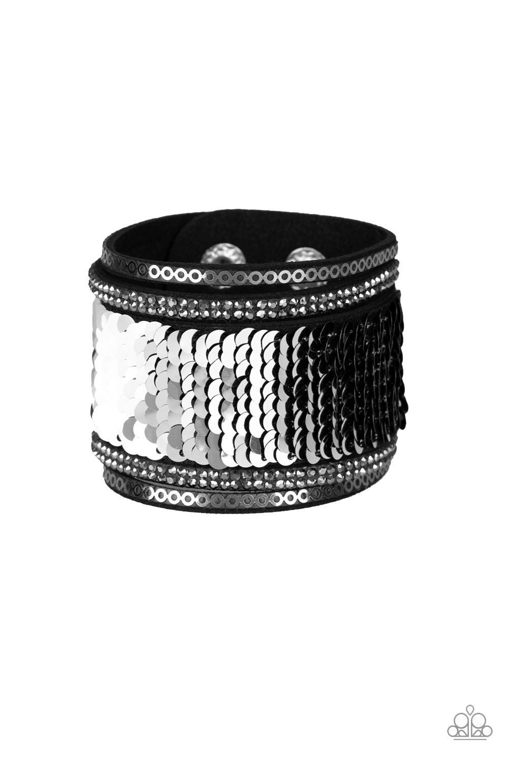 Heads or MERMAID Tails Black and Silver Sequin Reversible Urban Wrap Snap Bracelet - Paparazzi Accessories- Reverse side - lightbox - CarasShop.com - Paparazzi Jewelry by Cara Jewels