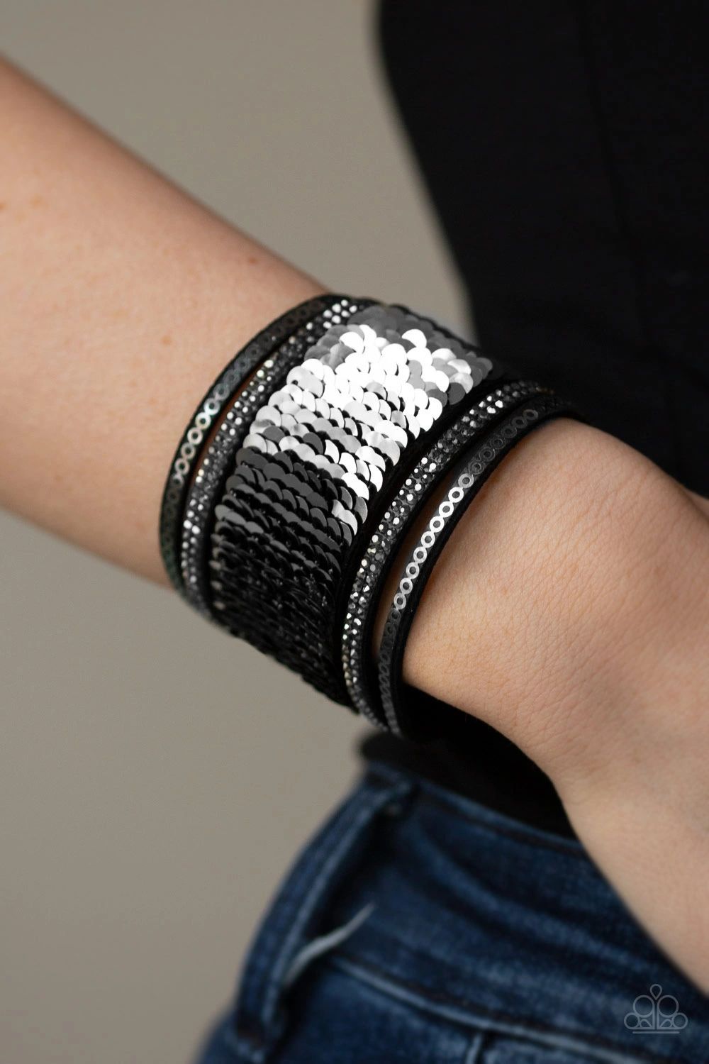 Heads or MERMAID Tails Black and Silver Sequin Reversible Urban Wrap Snap Bracelet - Paparazzi Accessories- Reverse side on model - CarasShop.com - Paparazzi Jewelry by Cara Jewels