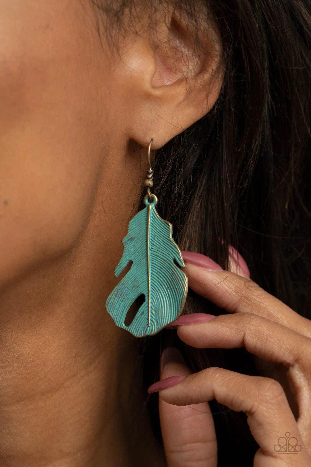 Heads QUILL Roll Brass Earrings - Paparazzi Accessories- on model - CarasShop.com - Paparazzi Jewelry by Cara Jewels