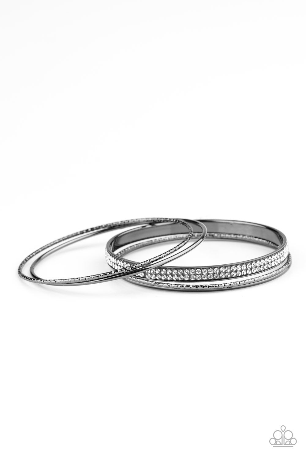 Heap It On Gunmetal Black and White Rhinestone Bangle Bracelet Set - Paparazzi Accessories- lightbox - CarasShop.com - Paparazzi Jewelry by Cara Jewels