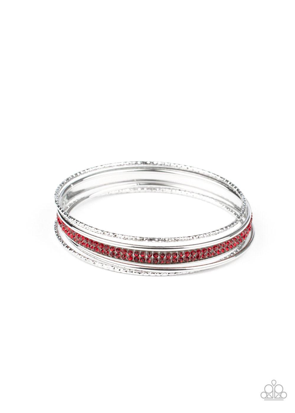 Heap It On Red Rhinestone and Silver Bangle Bracelet Set - Paparazzi Accessories- lightbox - CarasShop.com - Paparazzi Jewelry by Cara Jewels
