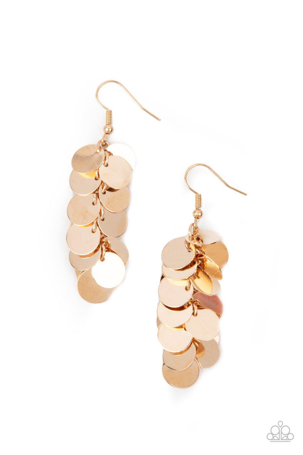 Hear Me Shimmer Gold Cascading Disc Earrings - Paparazzi Accessories- lightbox - CarasShop.com - Paparazzi Jewelry by Cara Jewels