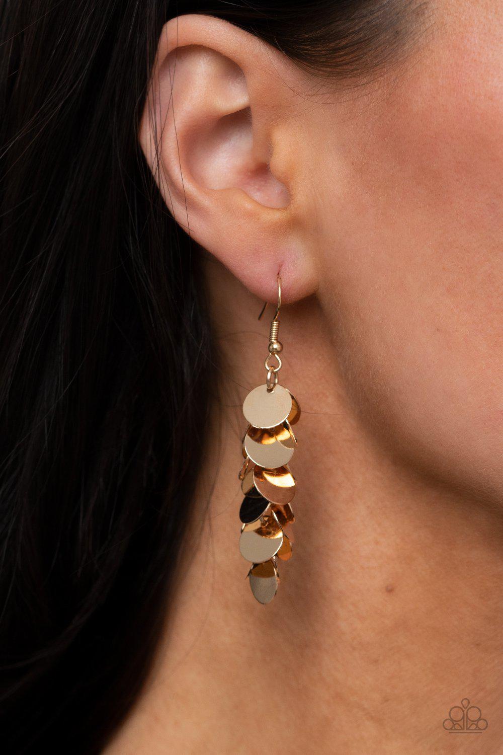 Hear Me Shimmer Gold Cascading Disc Earrings - Paparazzi Accessories- lightbox - CarasShop.com - Paparazzi Jewelry by Cara Jewels
