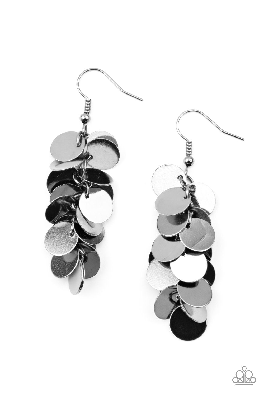 Hear Me Shimmer Gunmetal Black Cascading Disc Earrings - Paparazzi Accessories- on model - CarasShop.com - Paparazzi Jewelry by Cara Jewels