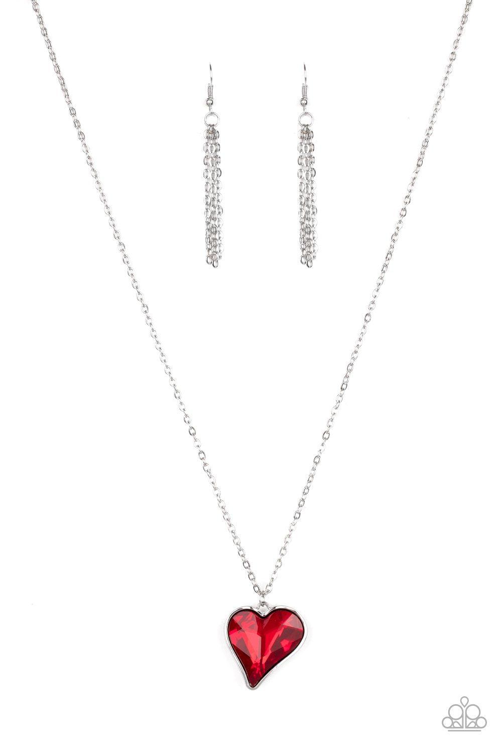 Heart Flutter Red Rhinestone Heart Necklace - Paparazzi Accessories - free matching earrings -CarasShop.com - Paparazzi Jewelry by Cara Jewels