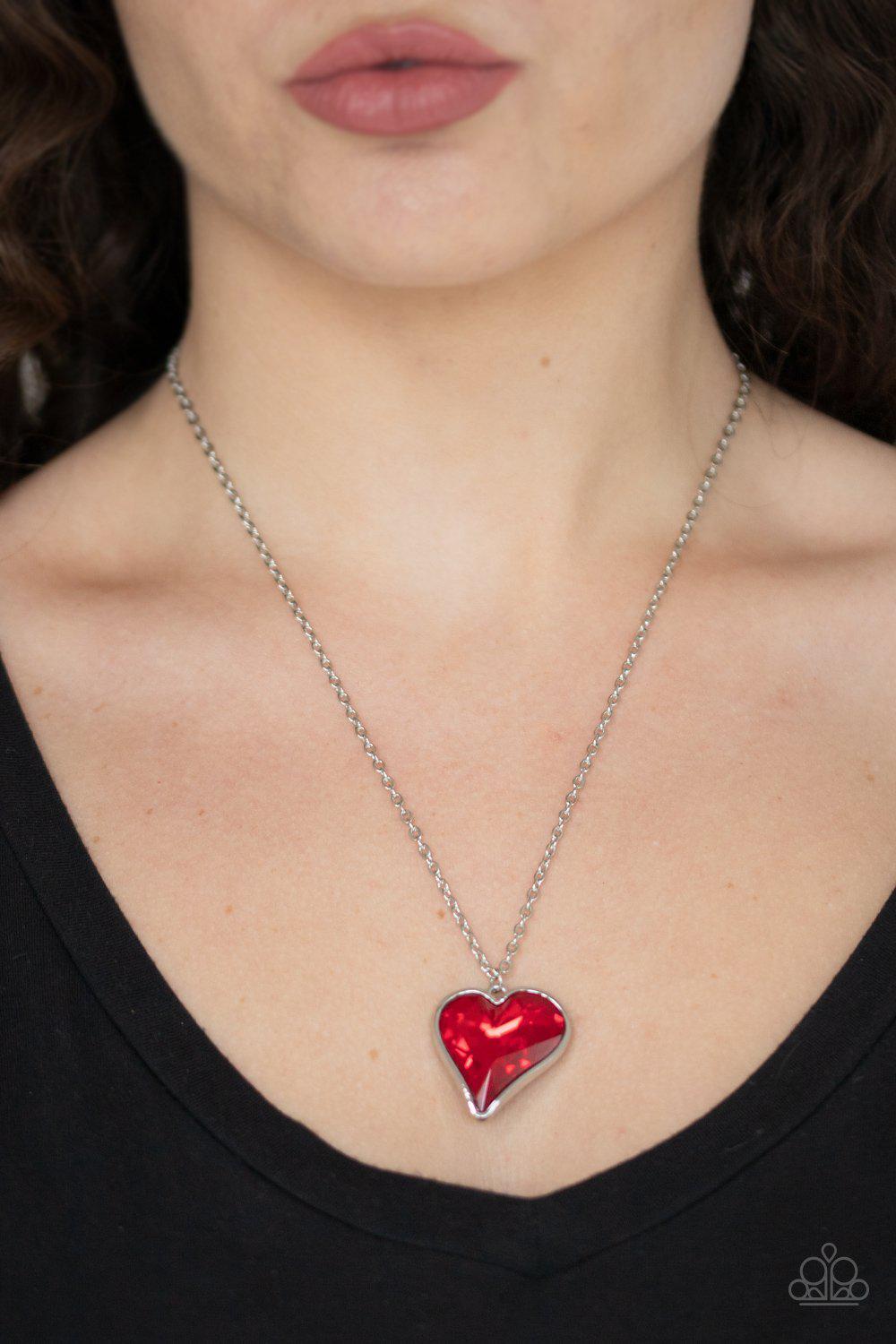 Heart Flutter Red Rhinestone Heart Necklace - Paparazzi Accessories- lightbox - CarasShop.com - Paparazzi Jewelry by Cara Jewels