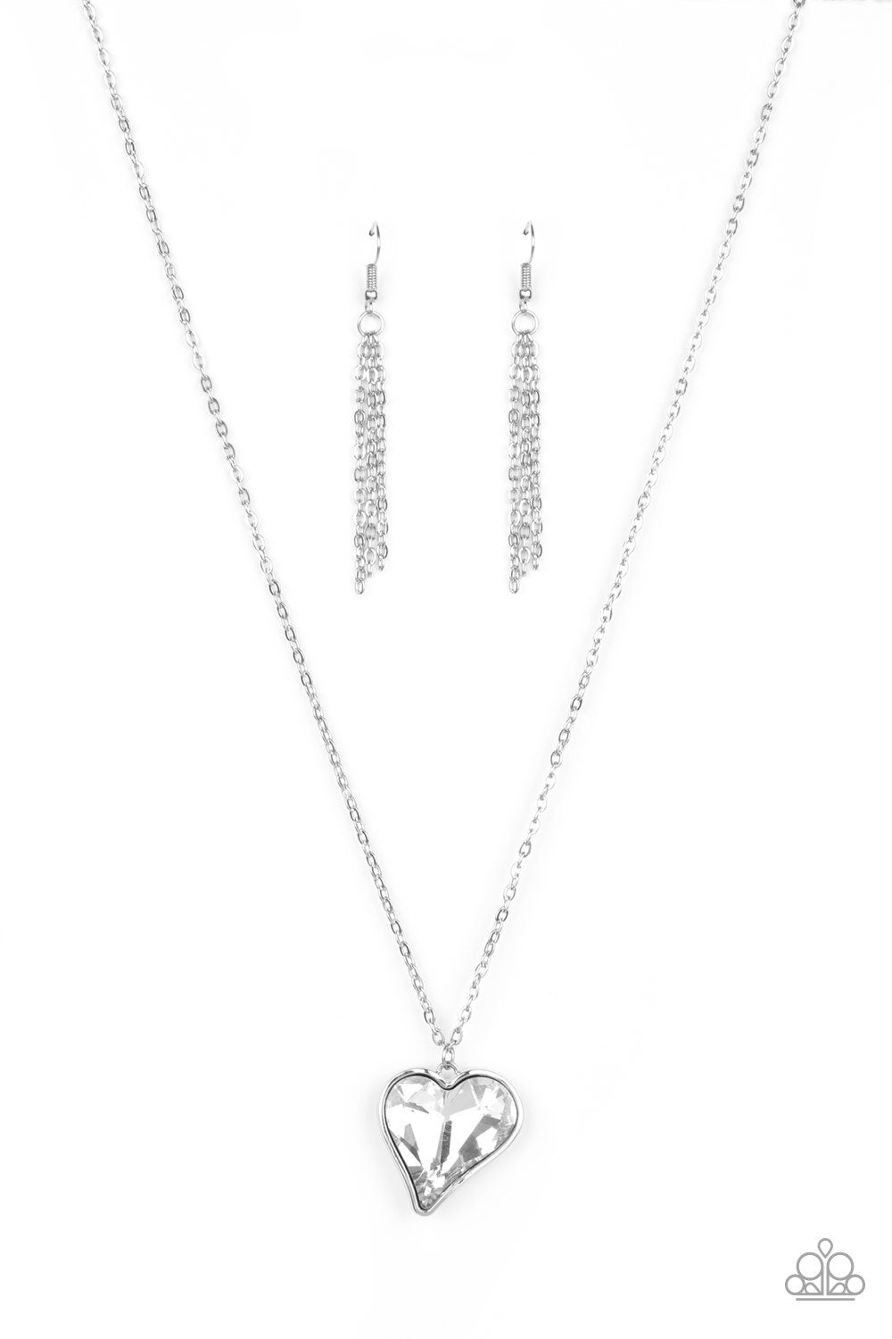 Heart Flutter White Rhinestone Heart Necklace - Paparazzi Accessories - free matching earrings -CarasShop.com - Paparazzi Jewelry by Cara Jewels