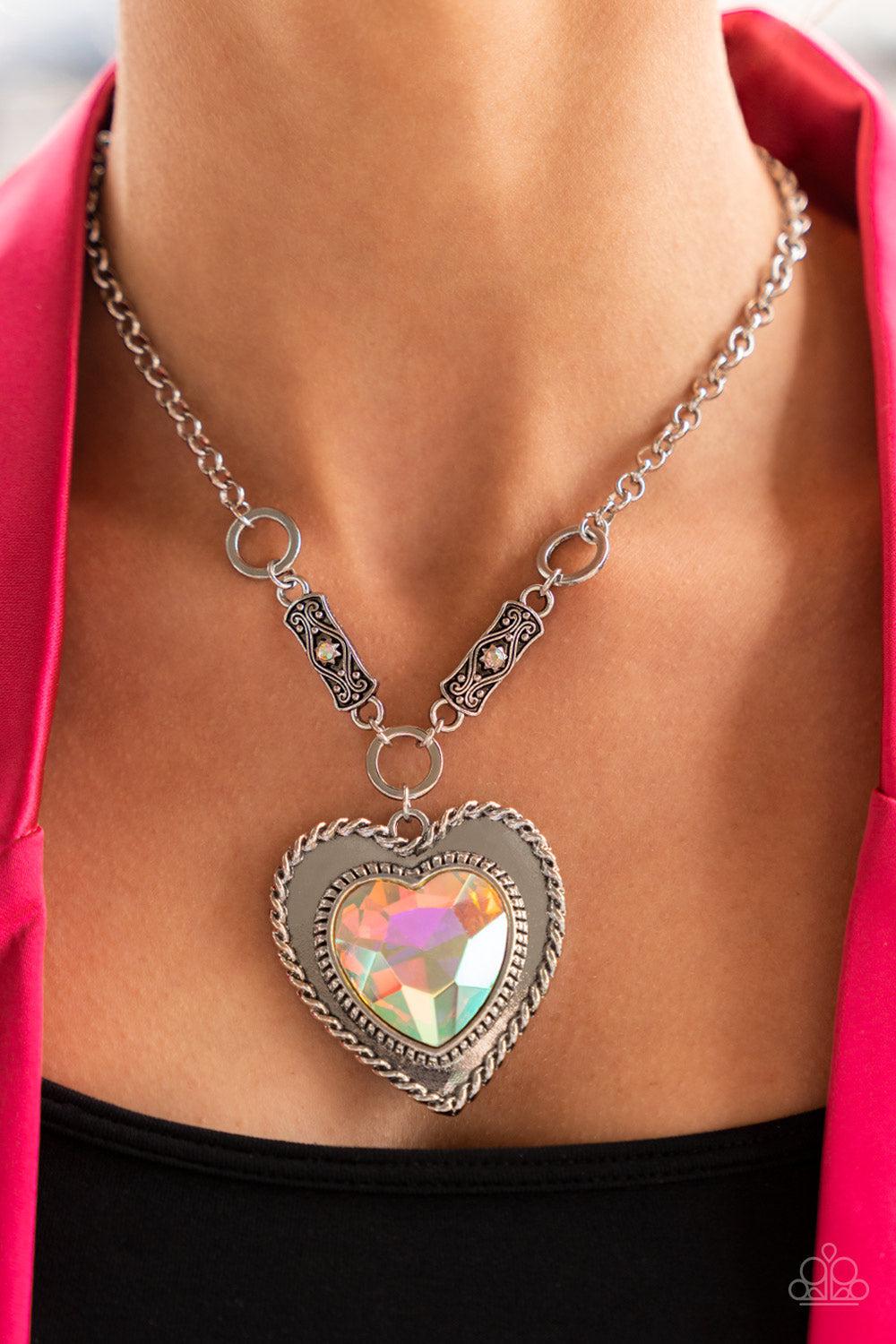 Heart Full Of Fabulous Multi Iridescent Heart Necklace - Paparazzi Accessories- on model - CarasShop.com - Paparazzi Jewelry by Cara Jewels