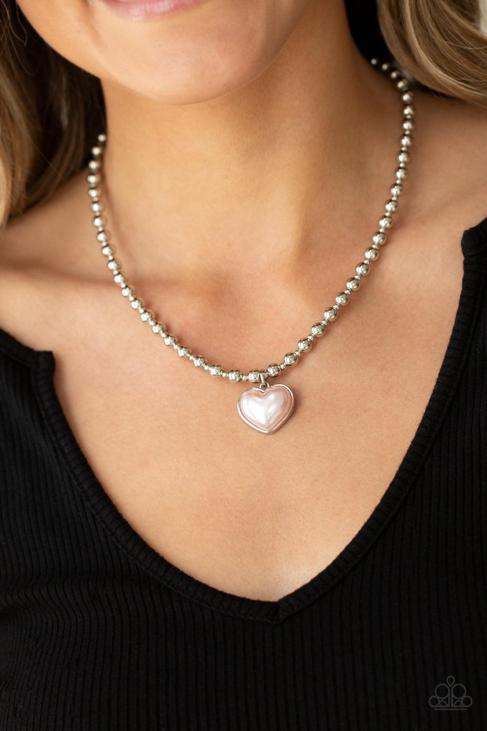 Heart Full of Fancy Pink Pearl Heart Necklace - Paparazzi Accessories- on model - CarasShop.com - Paparazzi Jewelry by Cara Jewels