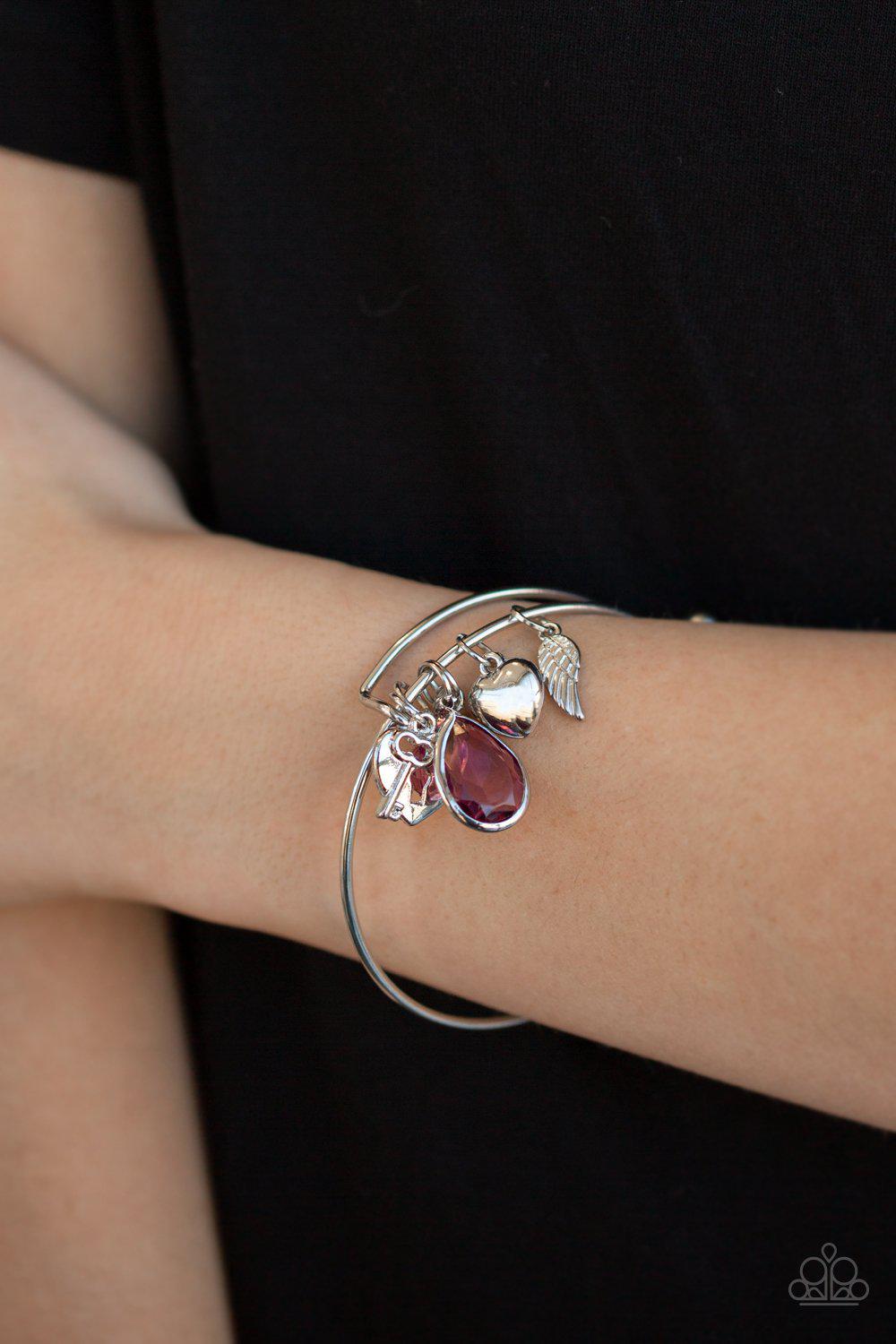 Heart of BOLD Purple and Silver Charm Bangle Bracelet - Paparazzi Accessories- lightbox - CarasShop.com - Paparazzi Jewelry by Cara Jewels