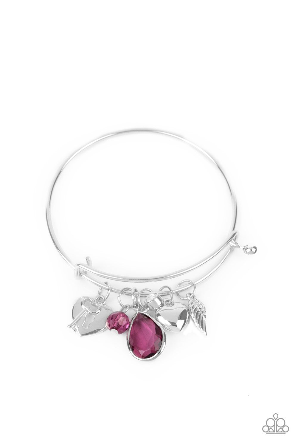 Heart of BOLD Purple and Silver Charm Bangle Bracelet - Paparazzi Accessories- on model - CarasShop.com - Paparazzi Jewelry by Cara Jewels