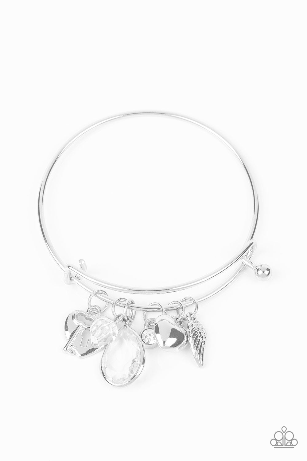 Heart of BOLD White and Silver Charm Bangle Bracelet - Paparazzi Accessories- on model - CarasShop.com - Paparazzi Jewelry by Cara Jewels