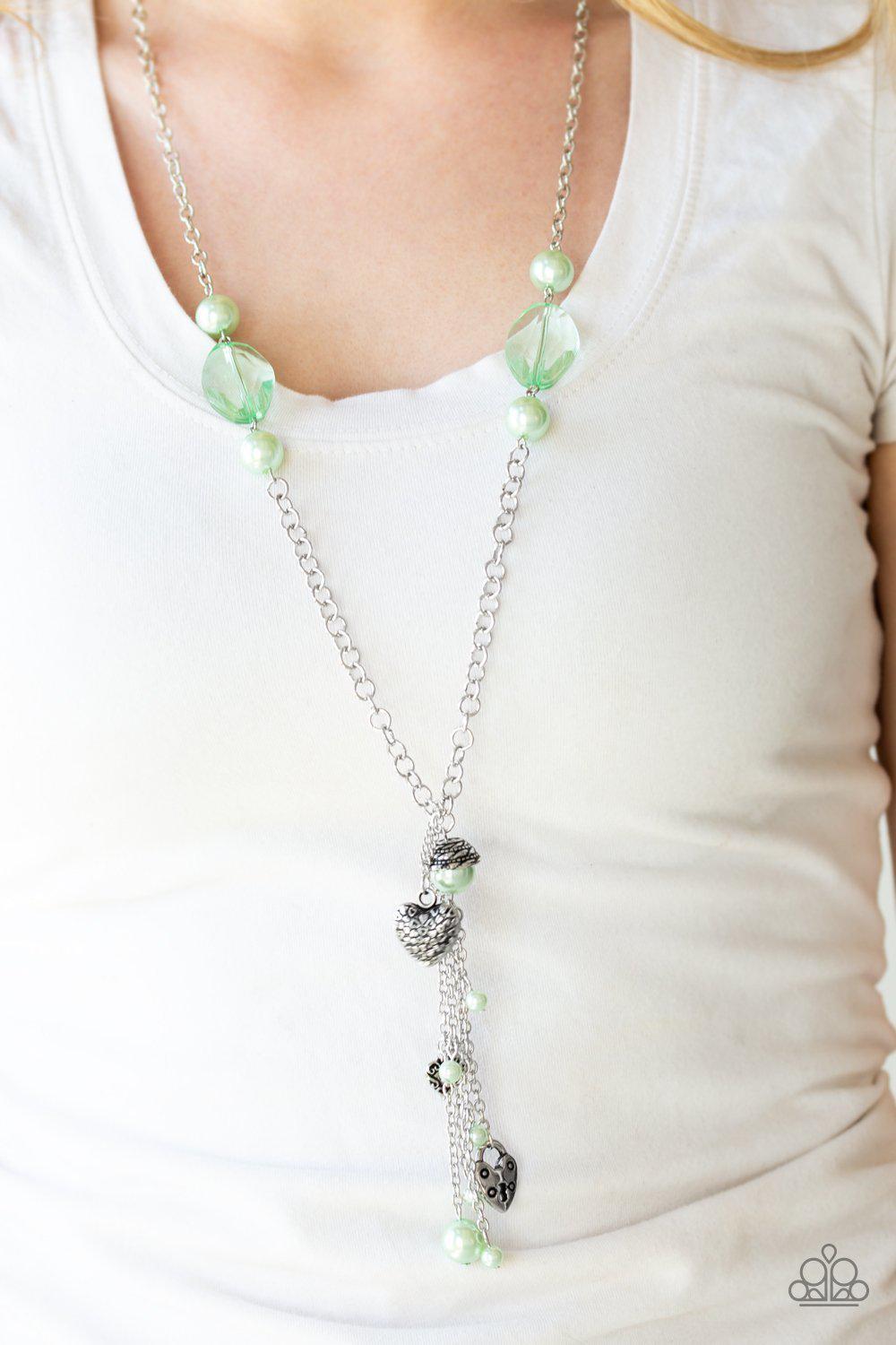 Heart-Stopping Harmony Green Charm Tassel Necklace and Earrings - Paparazzi Accessories- lightbox - CarasShop.com - Paparazzi Jewelry by Cara Jewels