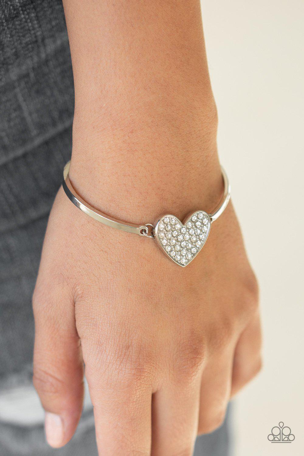 Heart-Stopping Shimmer White Rhinestone Heart Bracelet - Paparazzi Accessories- lightbox - CarasShop.com - Paparazzi Jewelry by Cara Jewels