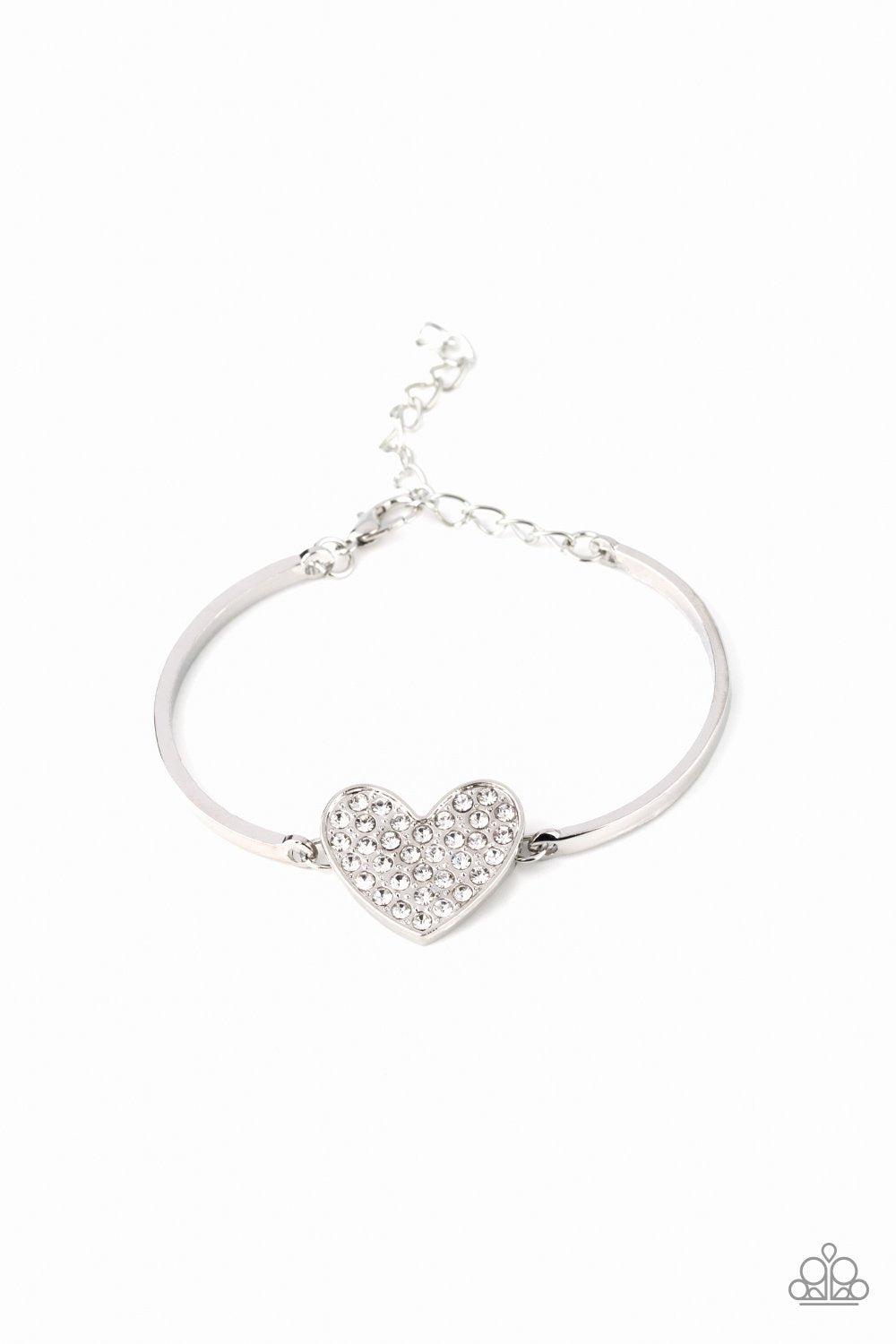 Heart-Stopping Shimmer White Rhinestone Heart Bracelet - Paparazzi Accessories- on model - CarasShop.com - Paparazzi Jewelry by Cara Jewels