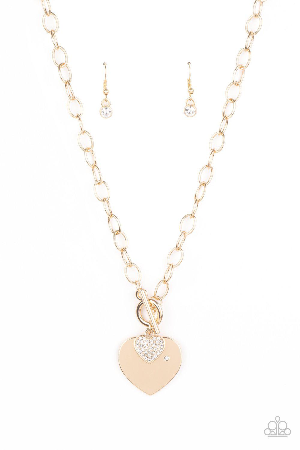 Heart-Stopping Sparkle Gold and White Rhinestone Heart Necklace - Paparazzi Accessories- on model - CarasShop.com - Paparazzi Jewelry by Cara Jewels