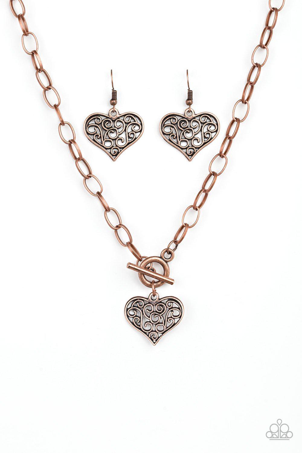 Heart-Touching Harmony Short Copper Heart Necklace and matching Earrings - Paparazzi Accessories - free matching earrings -CarasShop.com - Paparazzi Jewelry by Cara Jewels