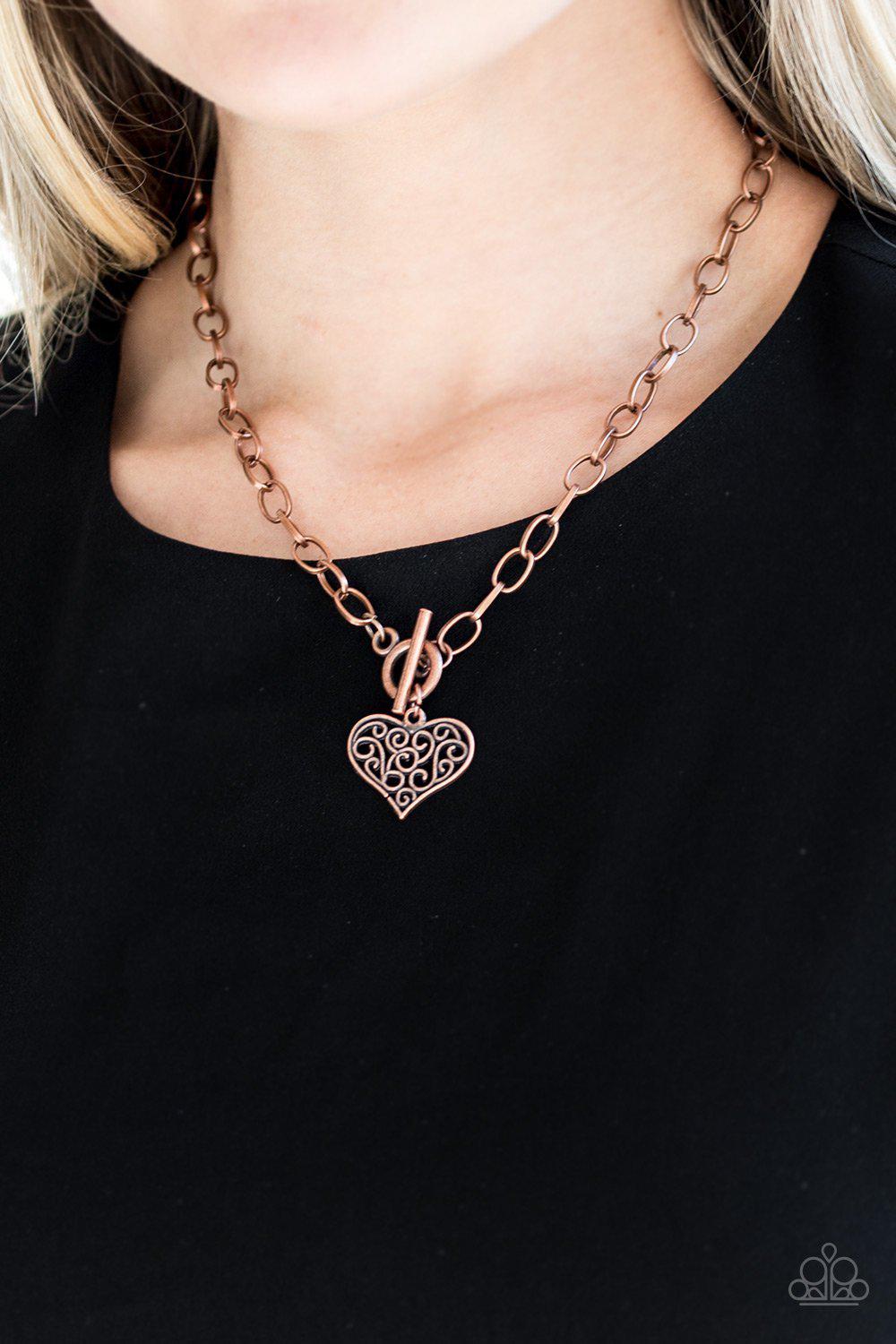 Heart-Touching Harmony Short Copper Heart Necklace and matching Earrings - Paparazzi Accessories- lightbox - CarasShop.com - Paparazzi Jewelry by Cara Jewels