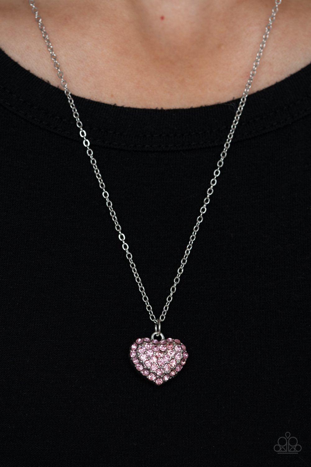 Heart-Warming Glow Pink Rhinestone Heart Necklace - Paparazzi Accessories- lightbox - CarasShop.com - Paparazzi Jewelry by Cara Jewels