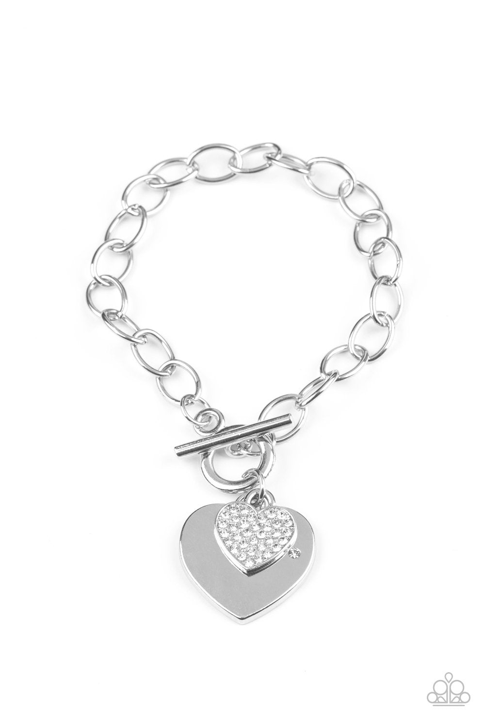 Heartbeat Bedazzle White and Silver Heart Bracelet - Paparazzi Accessories- on model - CarasShop.com - Paparazzi Jewelry by Cara Jewels