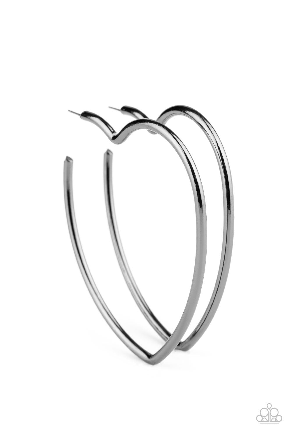 Heartbreaker Hustle Black Gunmetal Heart-shaped Hoop Earrings - Paparazzi Accessories- on model - CarasShop.com - Paparazzi Jewelry by Cara Jewels
