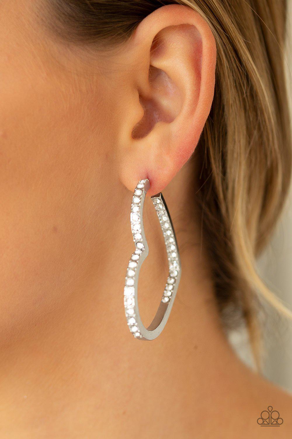 Heartbreaker Silver and White Rhinestone Heart-shaped Hoop Earrings - Paparazzi Accessories- lightbox - CarasShop.com - Paparazzi Jewelry by Cara Jewels