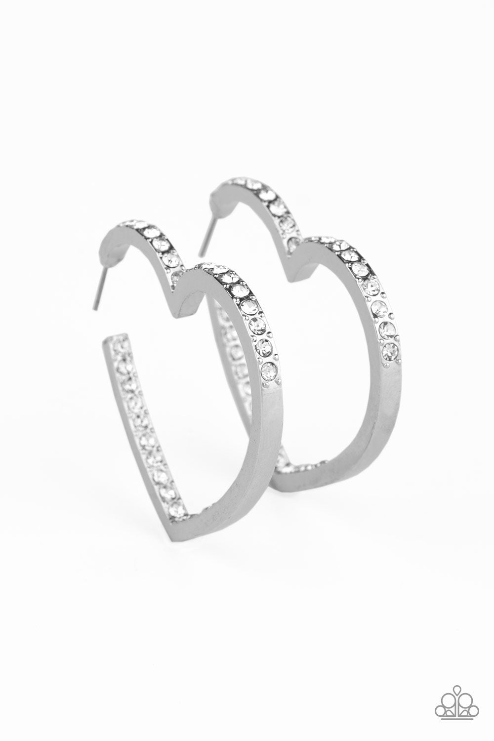 Heartbreaker Silver and White Rhinestone Heart-shaped Hoop Earrings - Paparazzi Accessories- on model - CarasShop.com - Paparazzi Jewelry by Cara Jewels