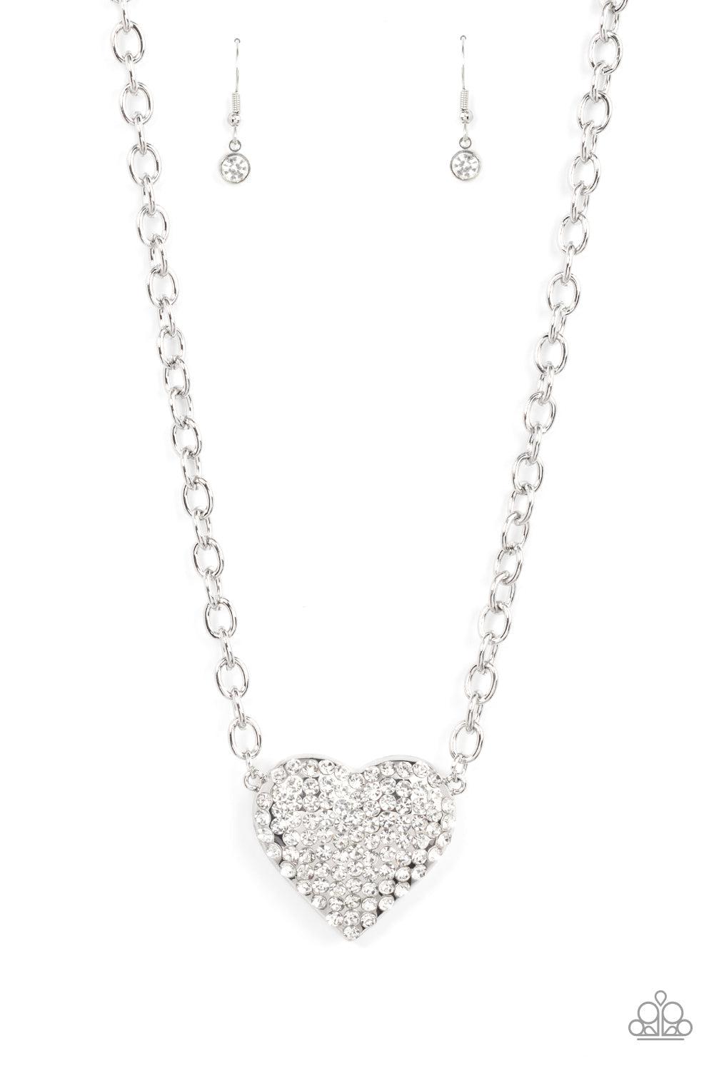 Heartbreakingly Blingy White Rhinestone Heart Necklace - Paparazzi Accessories- lightbox - CarasShop.com - Paparazzi Jewelry by Cara Jewels