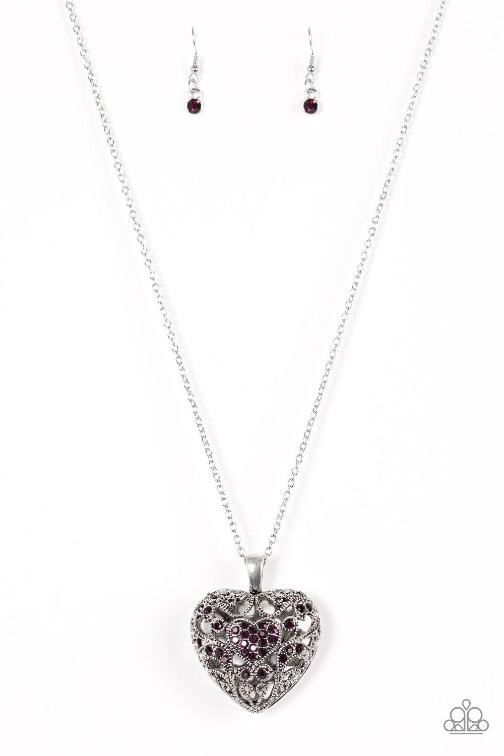 Heartless Heiress Silver and Purple Heart Necklace - Paparazzi Accessories - free matching earrings -CarasShop.com - Paparazzi Jewelry by Cara Jewels