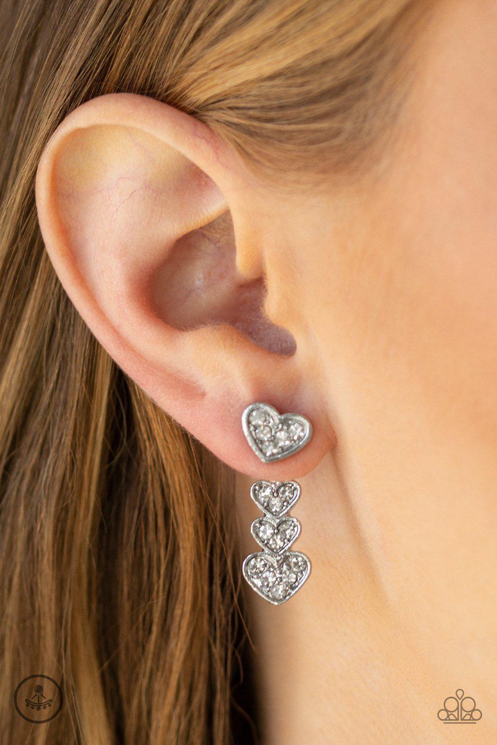 Heartthrob Twinkle White Double-sided post Earrings - Paparazzi Accessories- lightbox - CarasShop.com - Paparazzi Jewelry by Cara Jewels