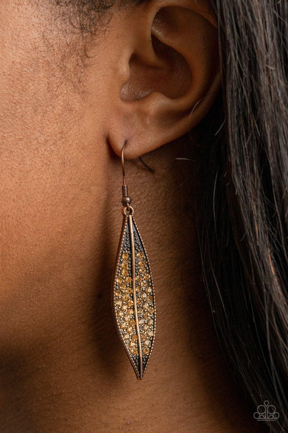 Hearty Harvest Copper and Rhinestone Leaf Earrings - Paparazzi Accessories- lightbox - CarasShop.com - Paparazzi Jewelry by Cara Jewels