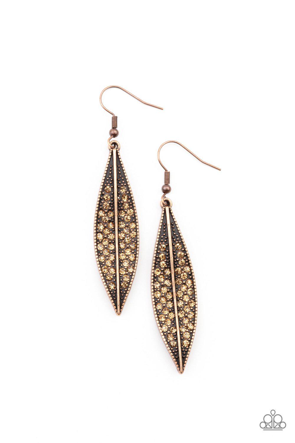 Hearty Harvest Copper and Rhinestone Leaf Earrings - Paparazzi Accessories- on model - CarasShop.com - Paparazzi Jewelry by Cara Jewels