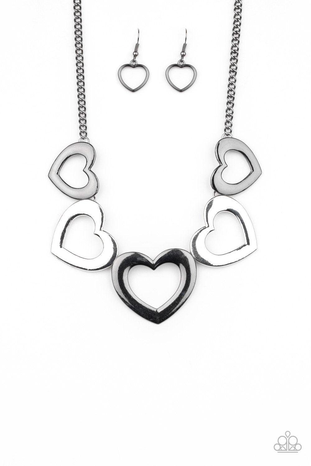 Hearty Hearts Multi - Gunmetal and Silver Heart Necklace - Paparazzi Accessories - free matching earrings -CarasShop.com - Paparazzi Jewelry by Cara Jewels
