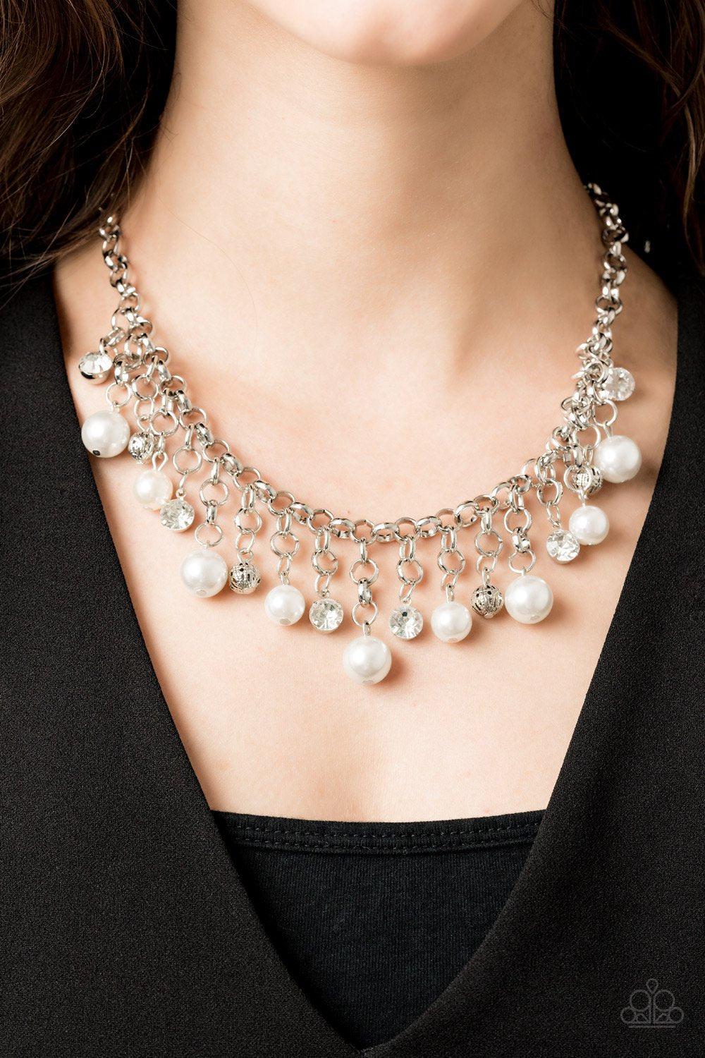Heir-Headed Silver and White Rhinestone and Pearl Necklace - Paparazzi Accessories- on model - CarasShop.com - Paparazzi Jewelry by Cara Jewels