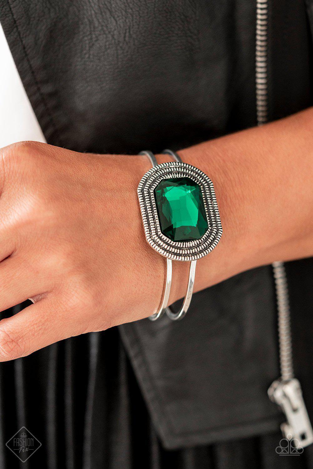 Heirloom Highness Emerald Green Hinged Cuff Bracelet - Paparazzi Accessories-on model - CarasShop.com - Paparazzi Jewelry by Cara Jewels